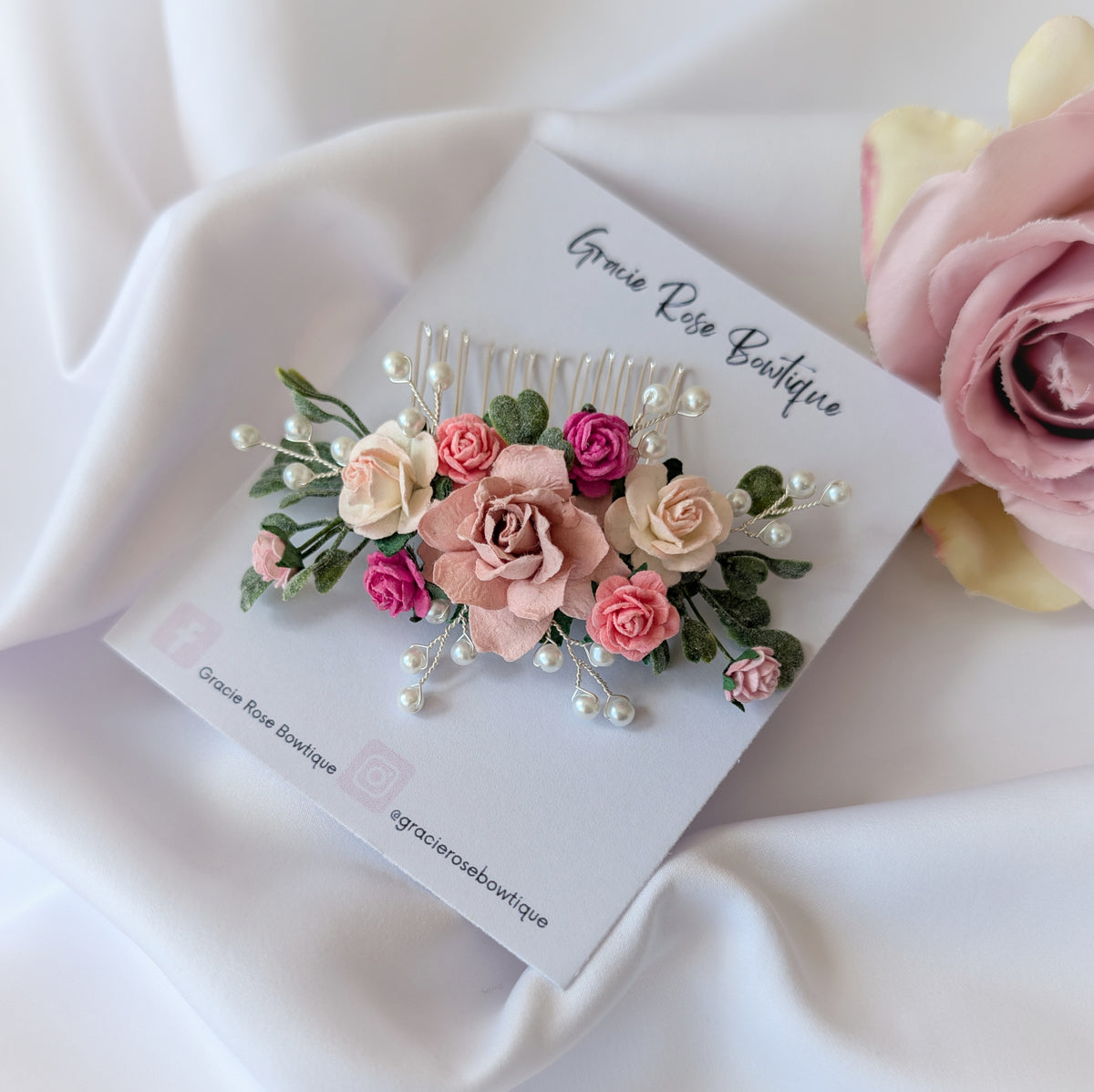 Pink flower hair comb, Pearl wedding Hair Accessories, Bridesmaid hair piece