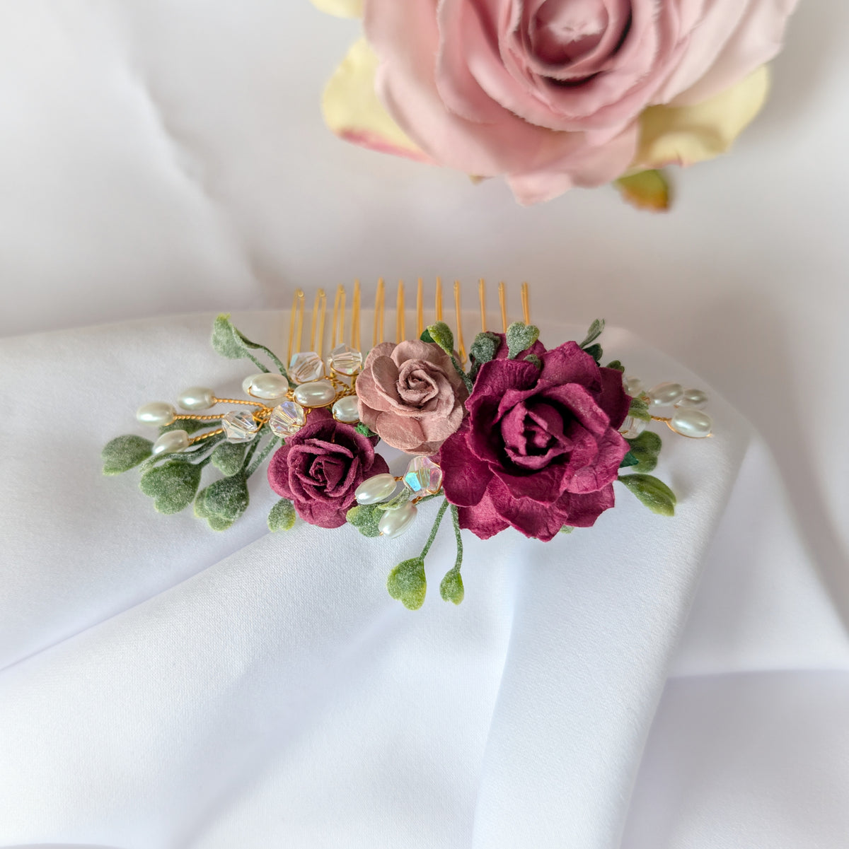 Burgundy, pink and gold hair comb, Bridal flower hair accessory, Bridesmaid hair piece