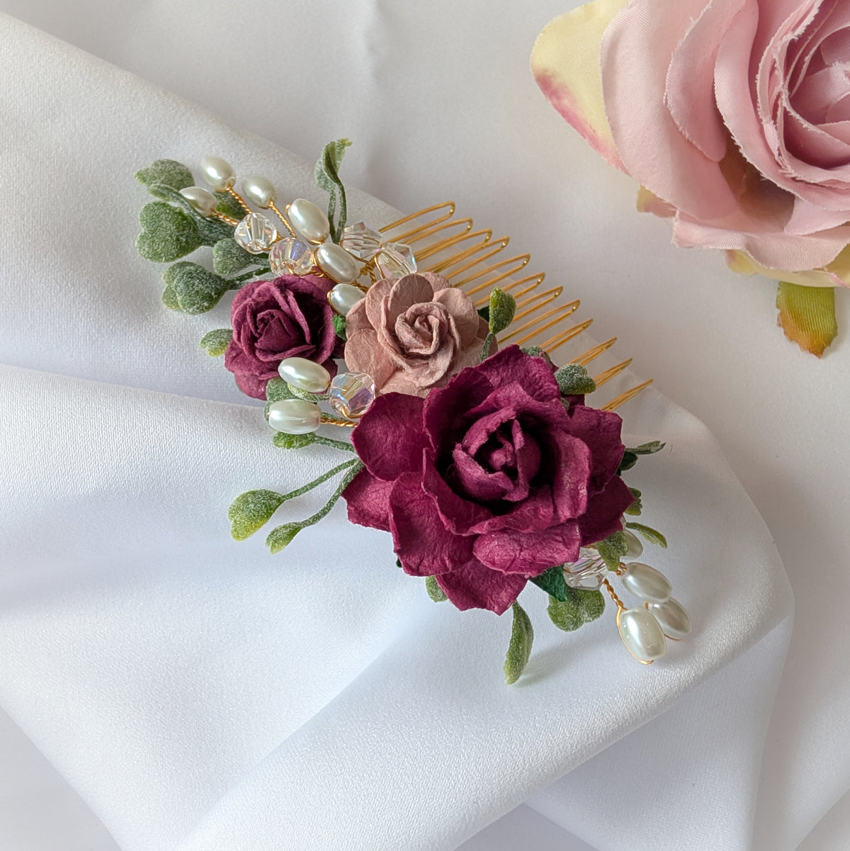 Burgundy, pink and gold hair comb, Bridal flower hair accessory, Bridesmaid hair piece