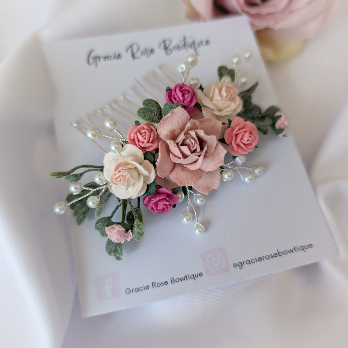 Pink flower hair comb, Pearl wedding Hair Accessories, Bridesmaid hair piece
