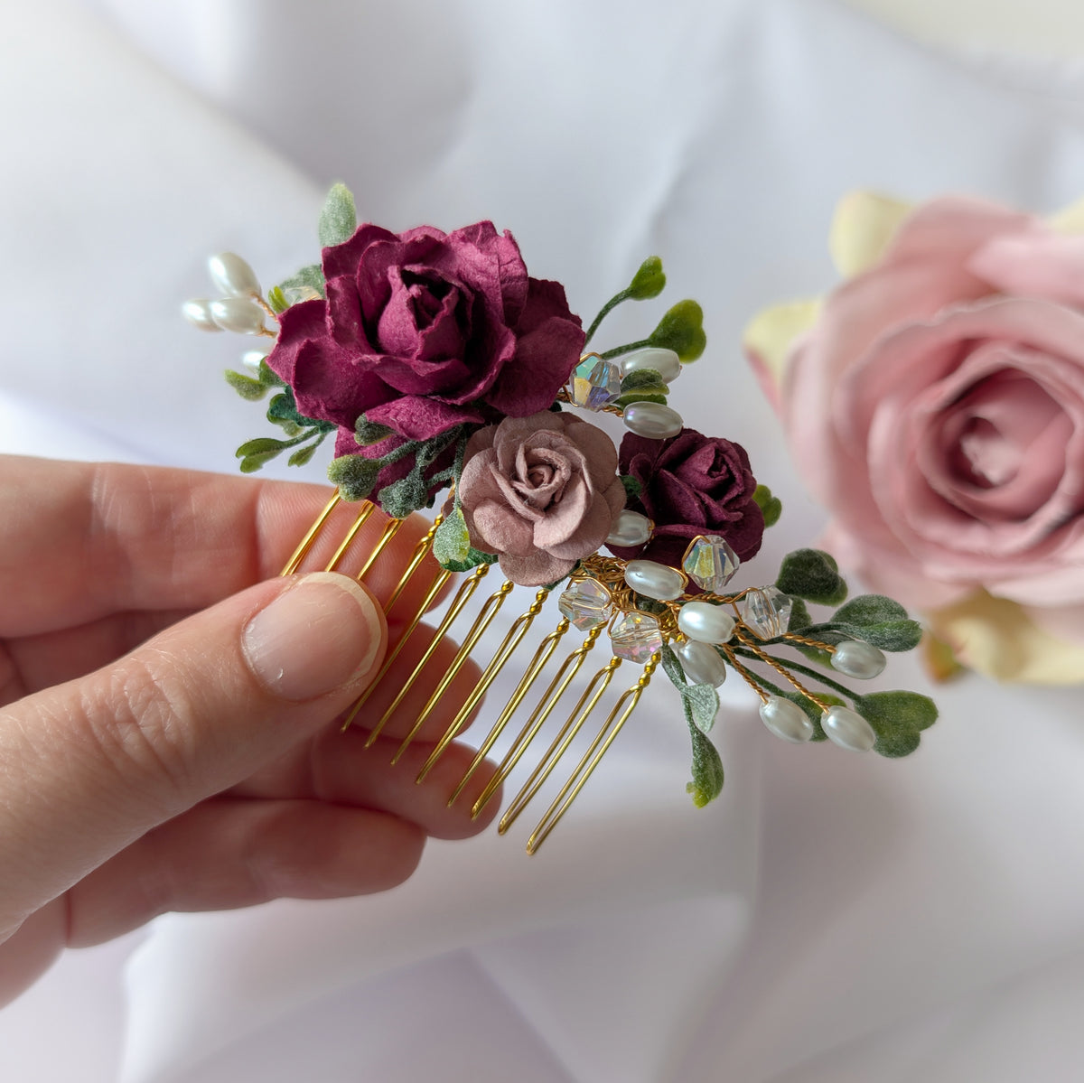 Burgundy, pink and gold hair comb, Bridal flower hair accessory, Bridesmaid hair piece