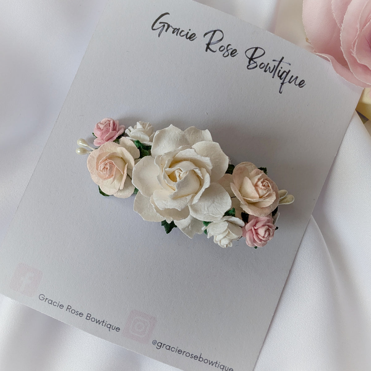 White and pink flower hair clip, Rose hair accessory, Flower girl hair piece