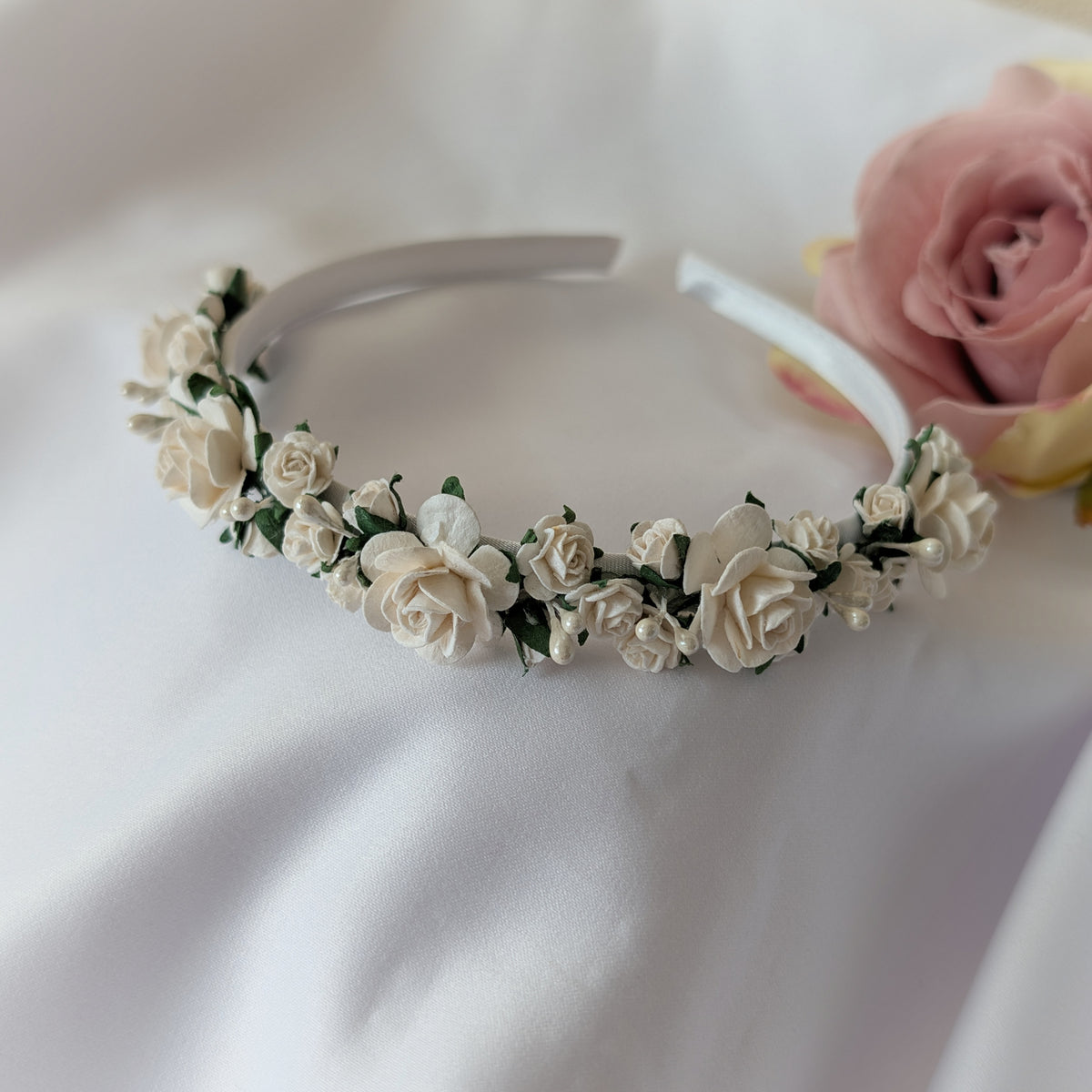 White flower headband, Flower girl hair accessories, Christening headband, Holy Communion hair piece