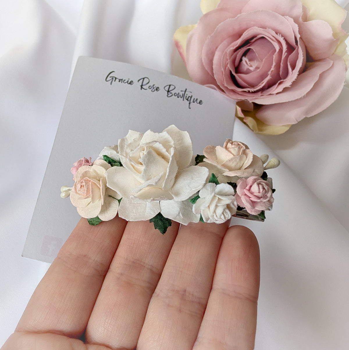 White and pink flower hair clip, Rose hair accessory, Flower girl hair piece