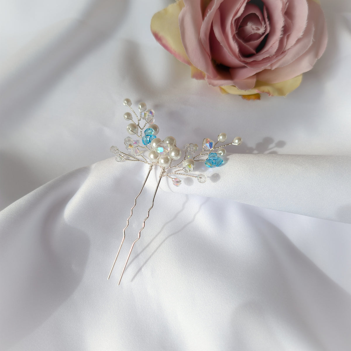 Pearl hair pin, Pearl & Crystal Bridal Accessory, Something blue gift