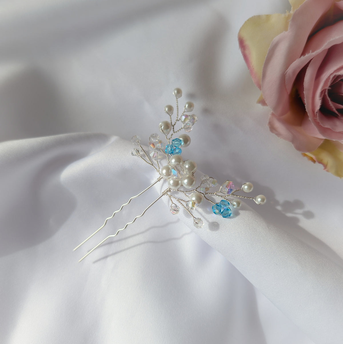 Pearl hair pin, Pearl & Crystal Bridal Accessory, Something blue gift