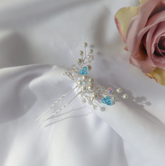 Pearl hair pin, Pearl & Crystal Bridal Accessory, Something blue gift