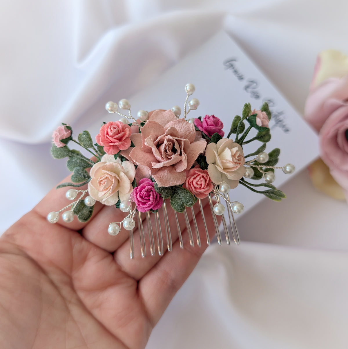 Pink flower hair comb, Pearl wedding Hair Accessories, Bridesmaid hair piece