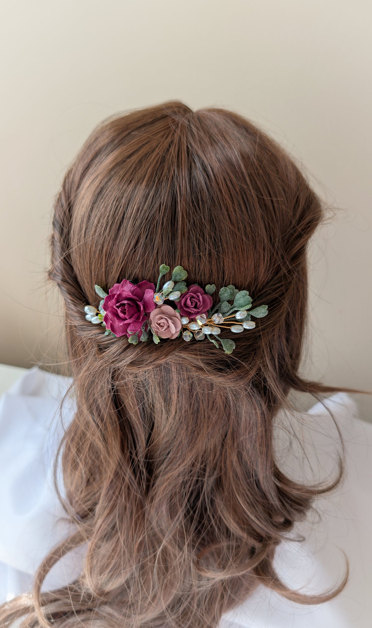 Burgundy, pink and gold hair comb, Bridal flower hair accessory, Bridesmaid hair piece