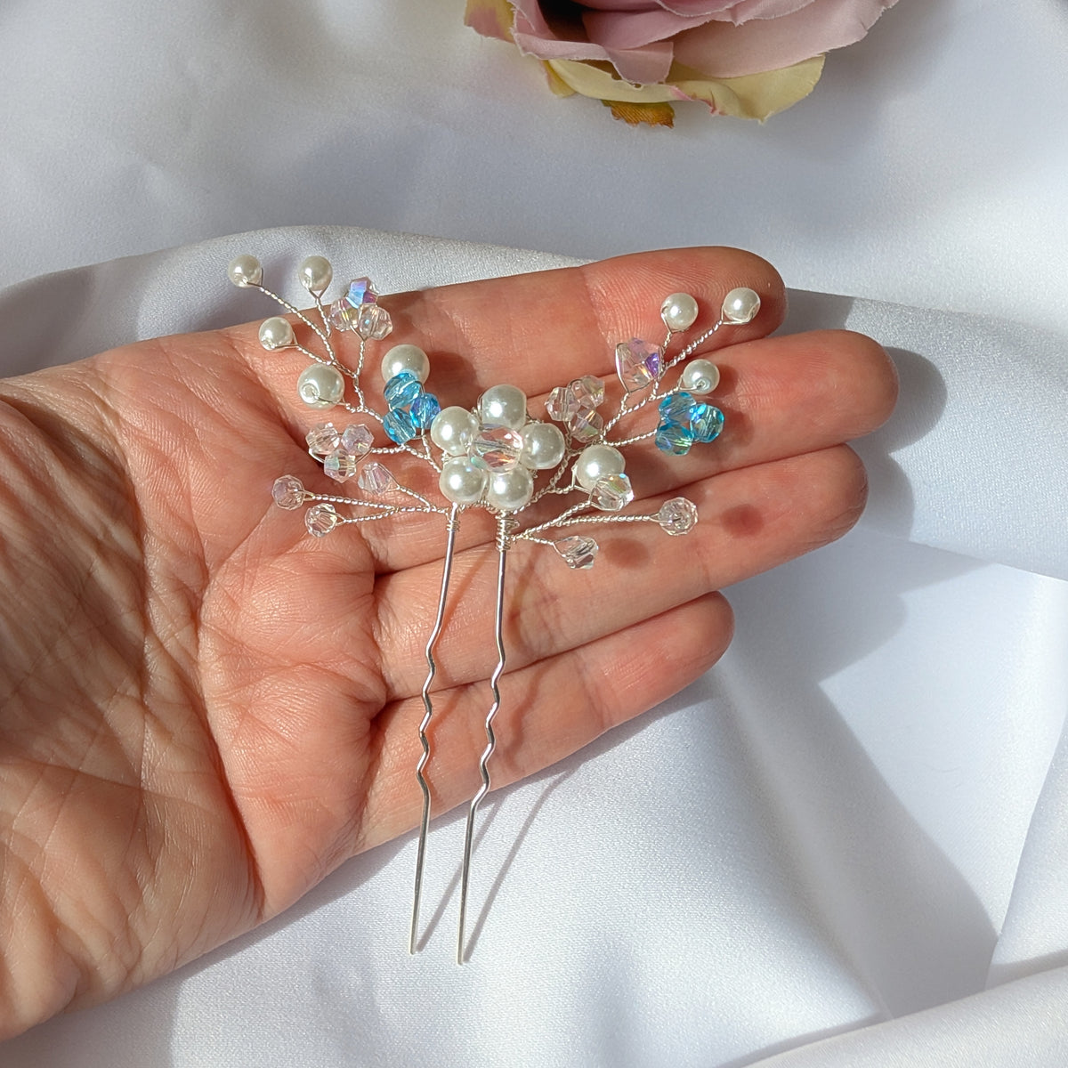Pearl hair pin, Pearl & Crystal Bridal Accessory, Something blue gift