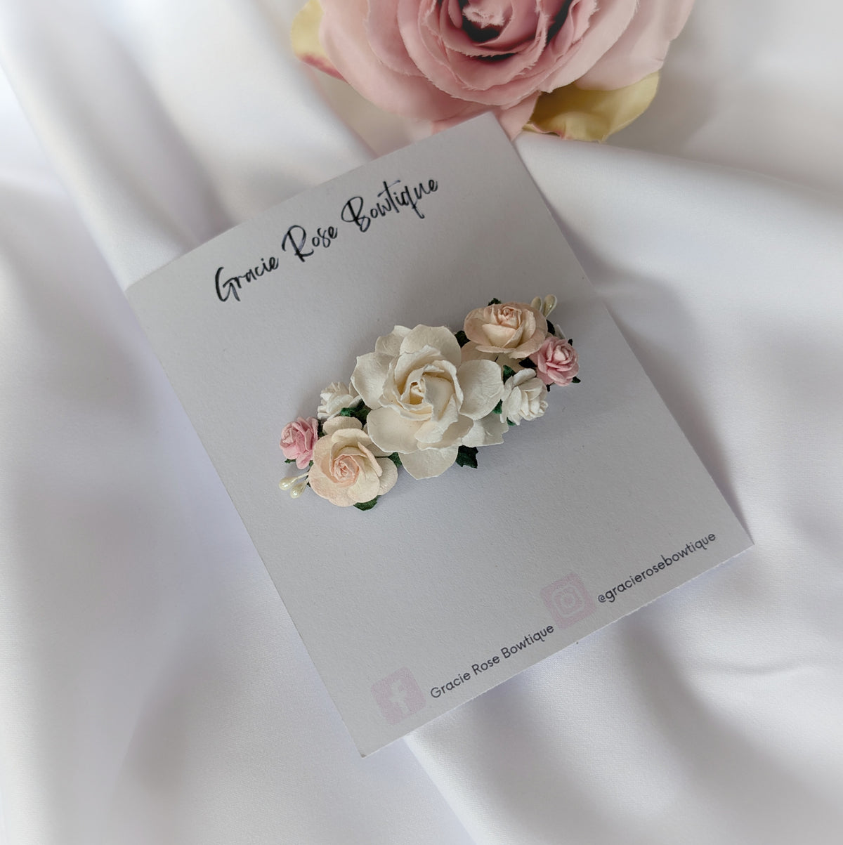 White and pink flower hair clip, Rose hair accessory, Flower girl hair piece