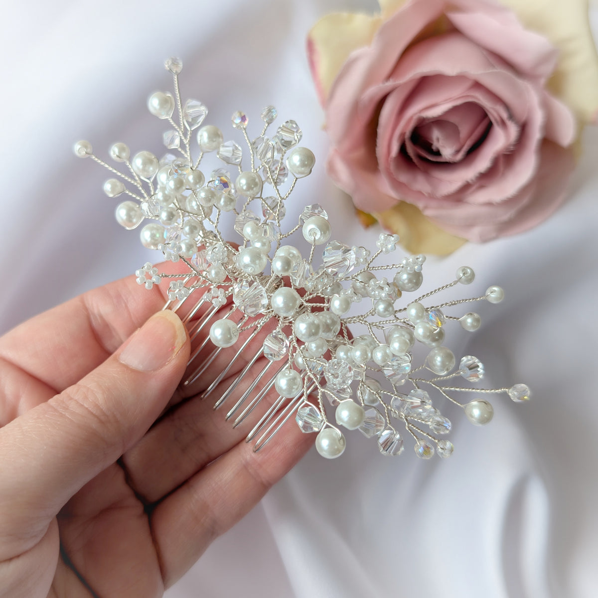 Wedding hair accessory, Handmade pearl and crystal bead hair comb, Bridal hair piece