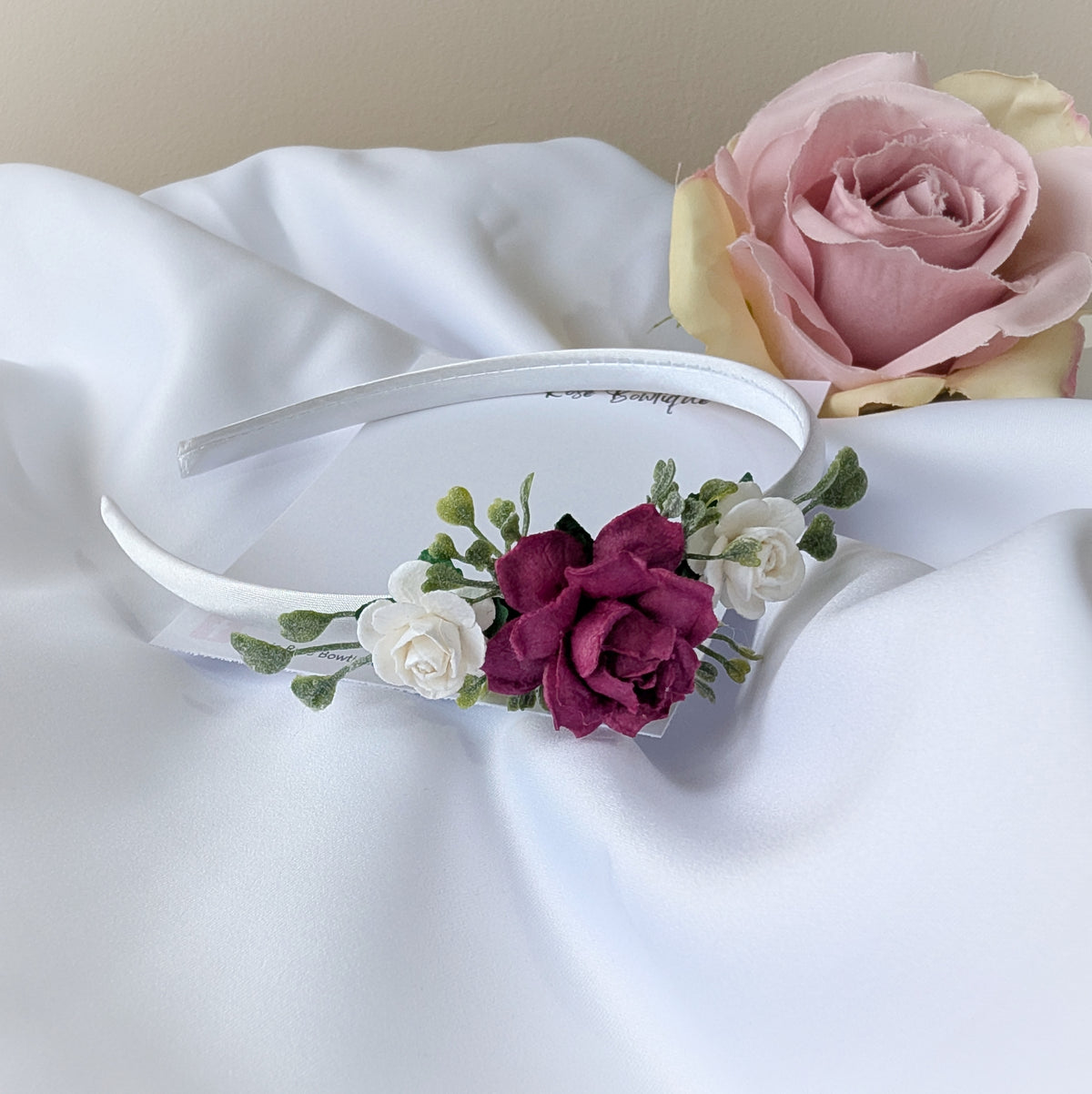 Burgundy rose headband, Flower girl hair piece, Christmas hairband, Hair accessory for weddings