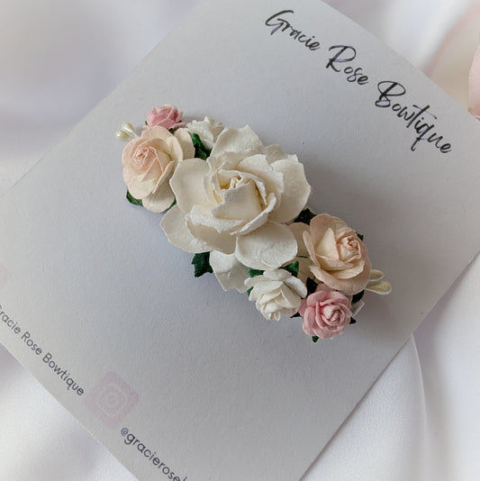 White and pink flower hair clip, Rose hair accessory, Flower girl hair piece