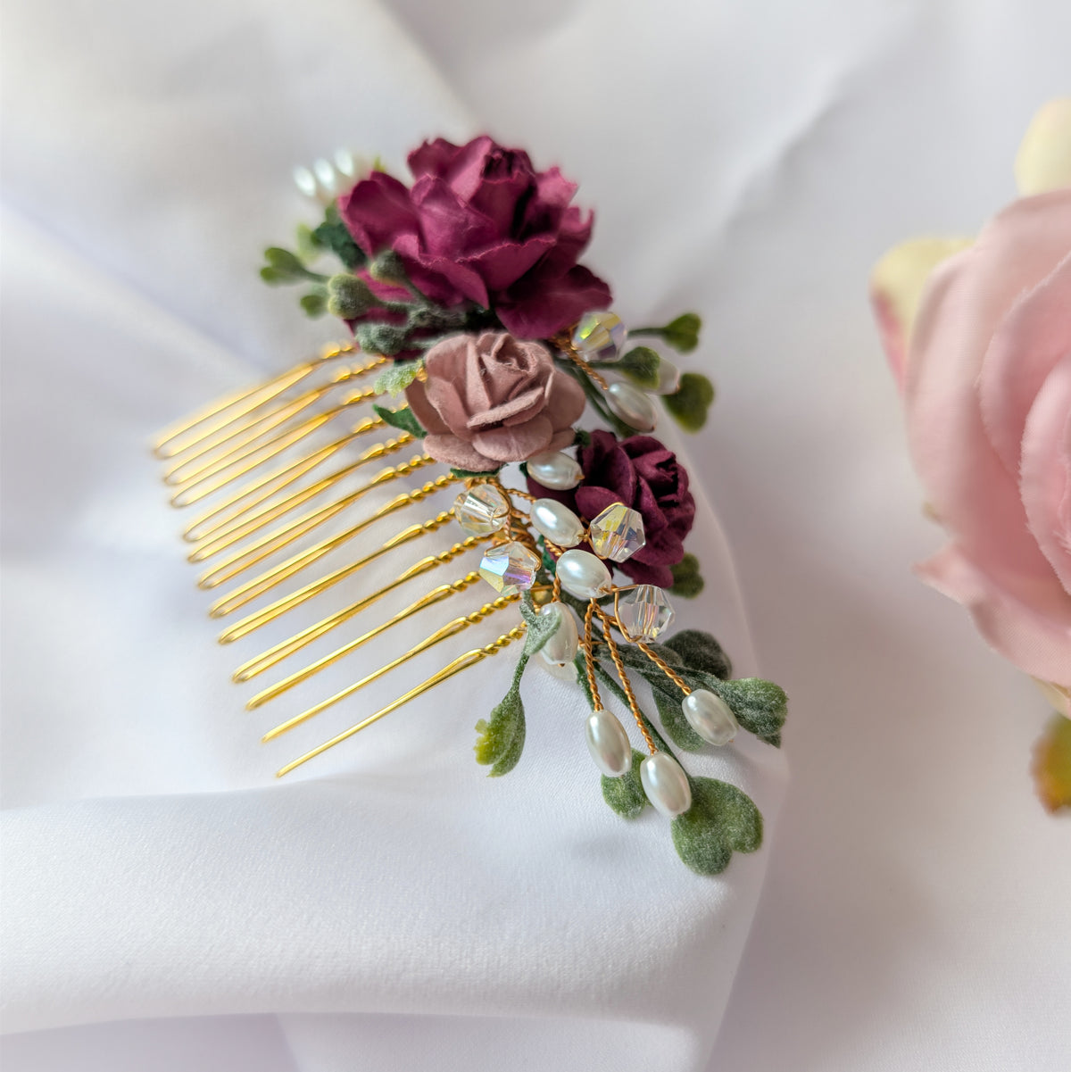 Burgundy, pink and gold hair comb, Bridal flower hair accessory, Bridesmaid hair piece