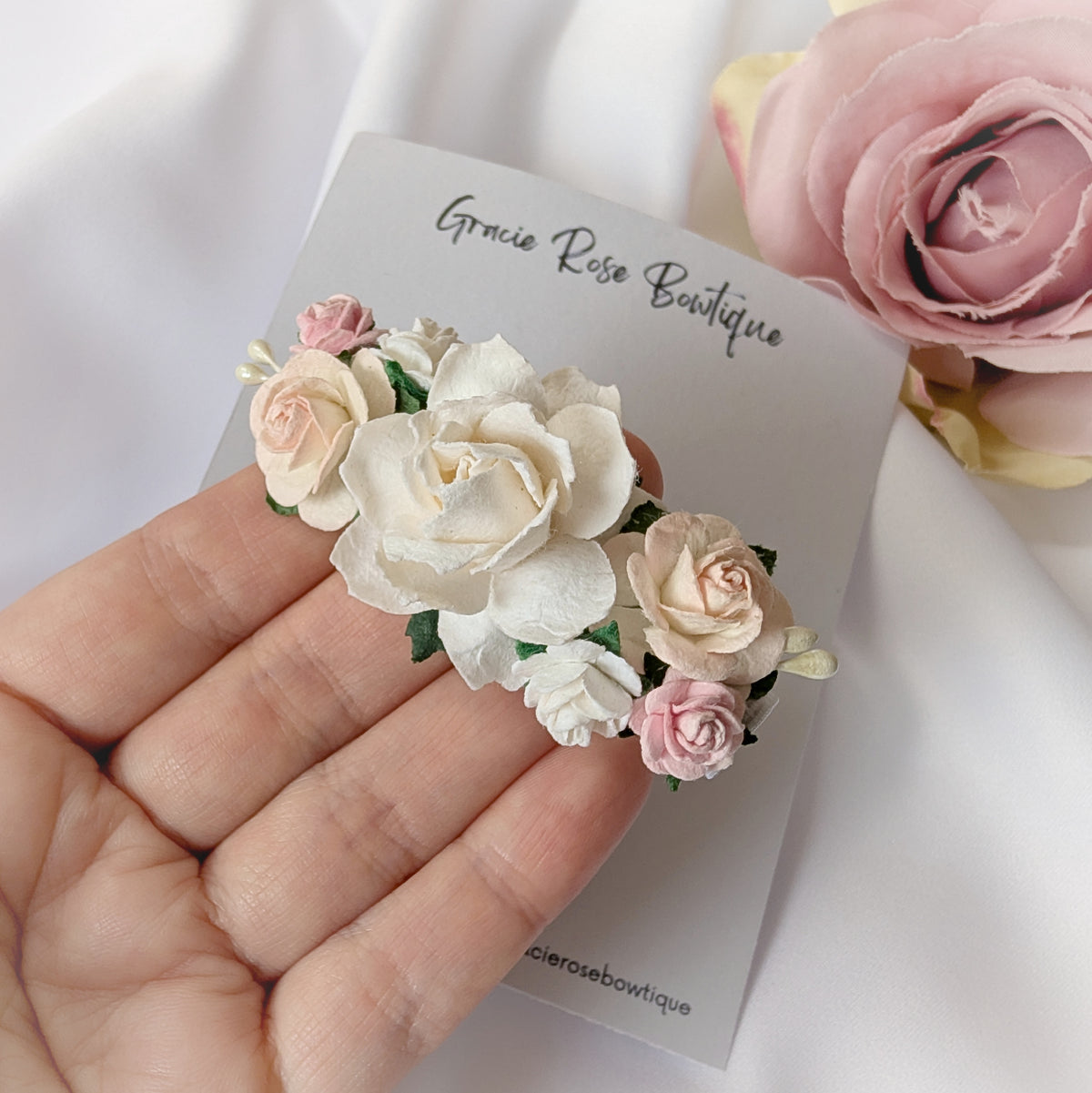 White and pink flower hair clip, Rose hair accessory, Flower girl hair piece