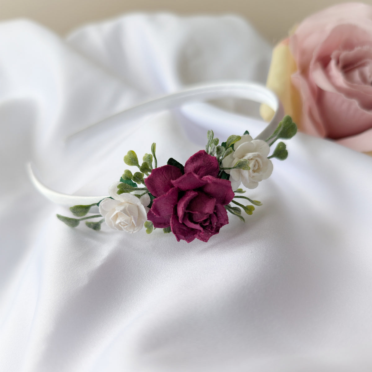 Burgundy rose headband, Flower girl hair piece, Christmas hairband, Hair accessory for weddings