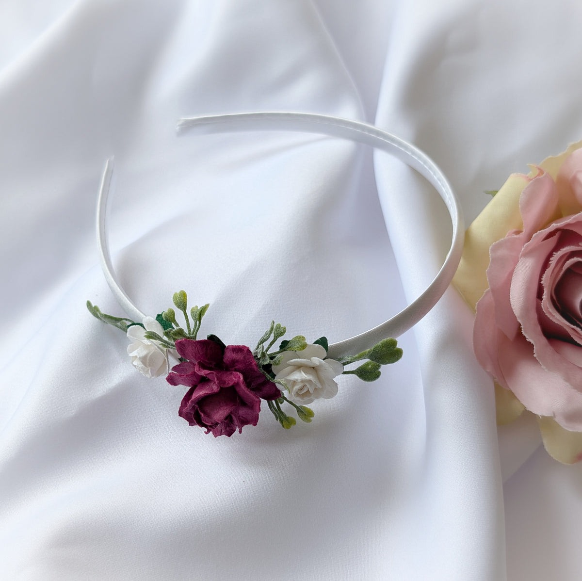 Burgundy rose headband, Flower girl hair piece, Christmas hairband, Hair accessory for weddings