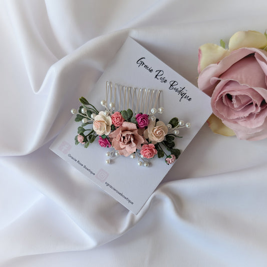 Pink flower hair comb, Pearl wedding Hair Accessories, Bridesmaid hair piece