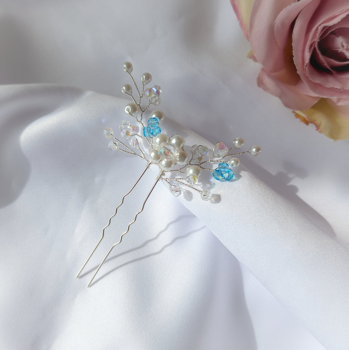 Pearl hair pin, Pearl & Crystal Bridal Accessory, Something blue gift