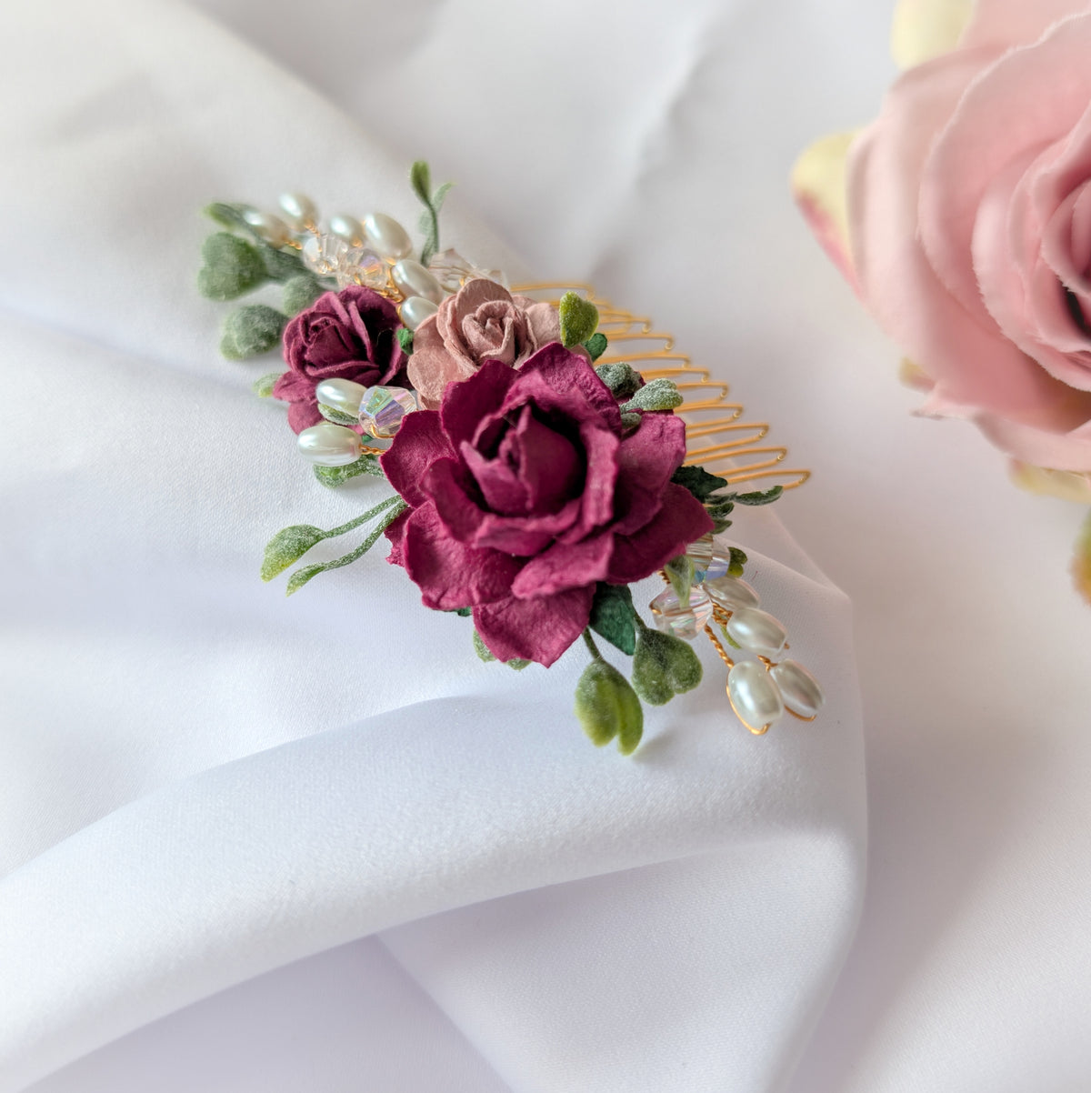 Burgundy, pink and gold hair comb, Bridal flower hair accessory, Bridesmaid hair piece