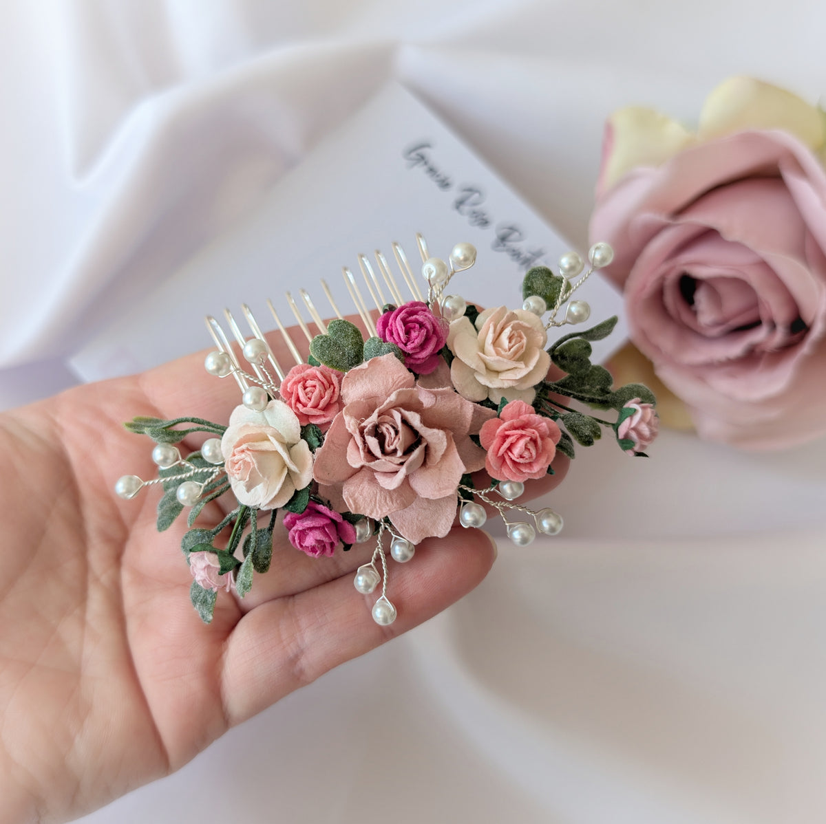Pink flower hair comb, Pearl wedding Hair Accessories, Bridesmaid hair piece