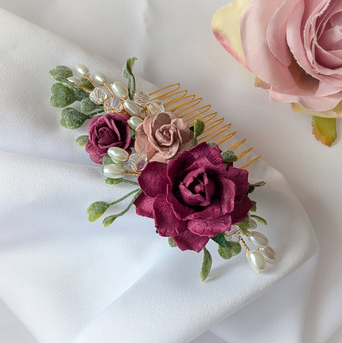 Burgundy, pink and gold hair comb, Bridal flower hair accessory, Bridesmaid hair piece