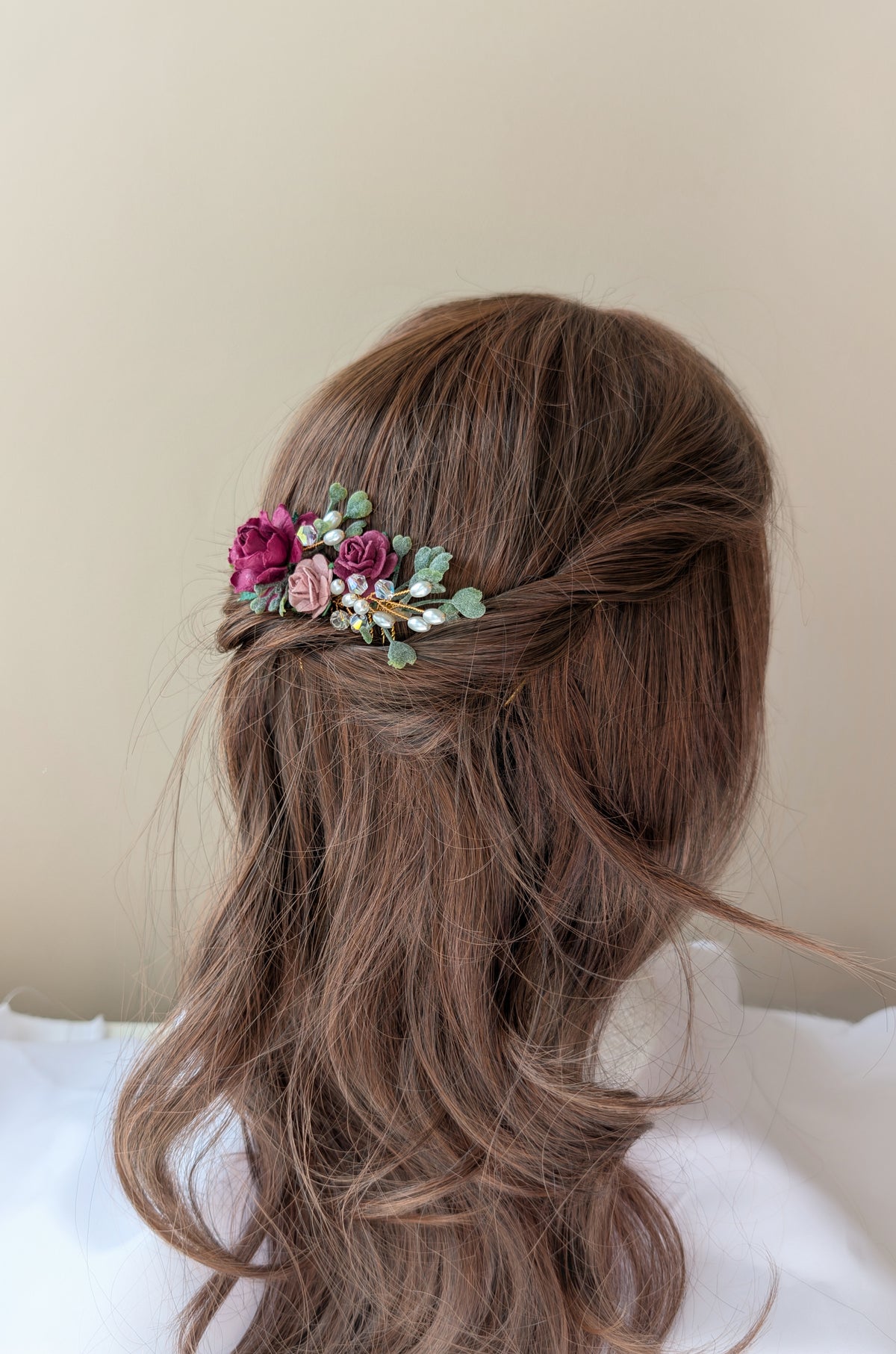 Burgundy, pink and gold hair comb, Bridal flower hair accessory, Bridesmaid hair piece