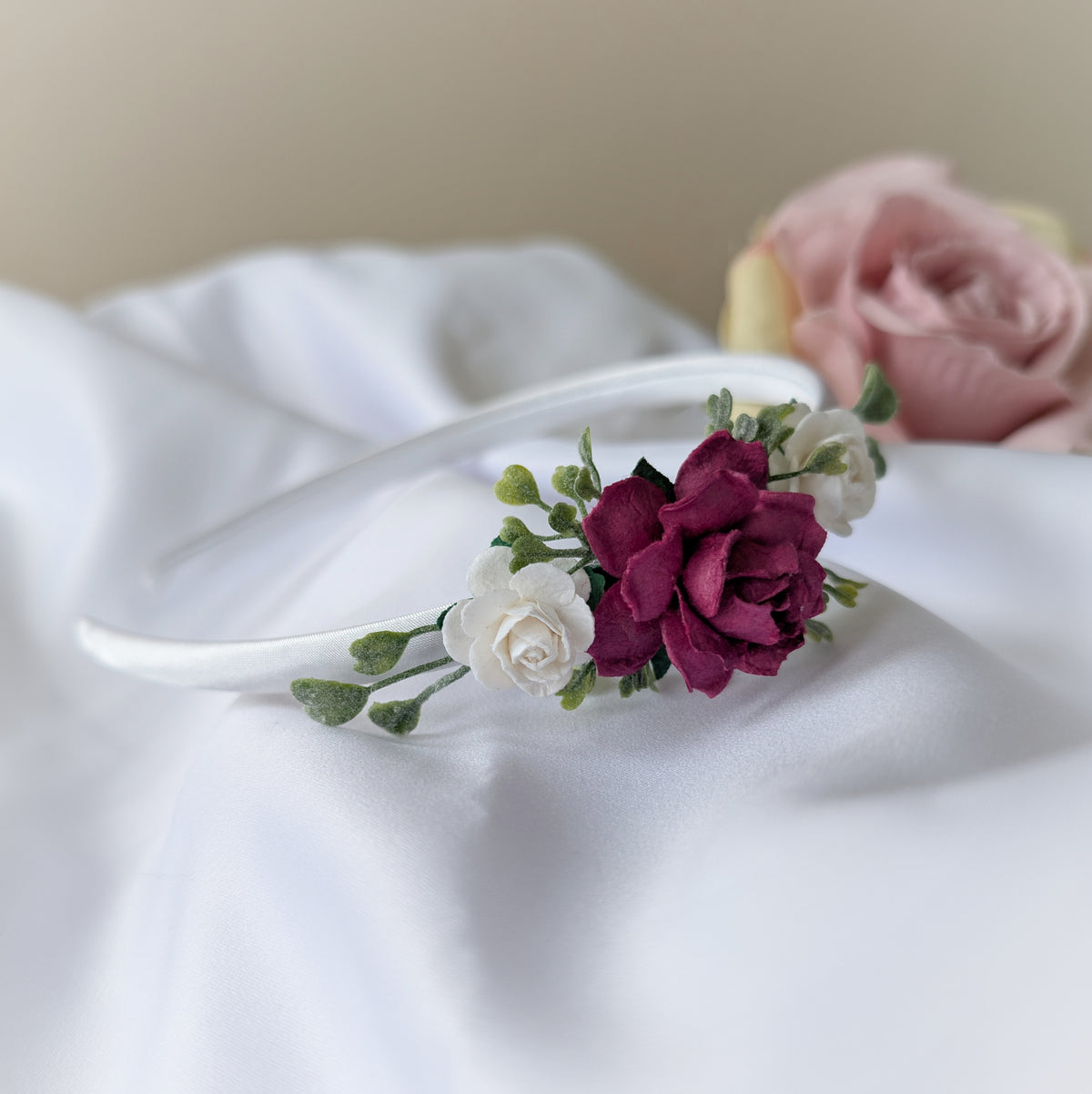 Burgundy rose headband, Flower girl hair piece, Christmas hairband, Hair accessory for weddings