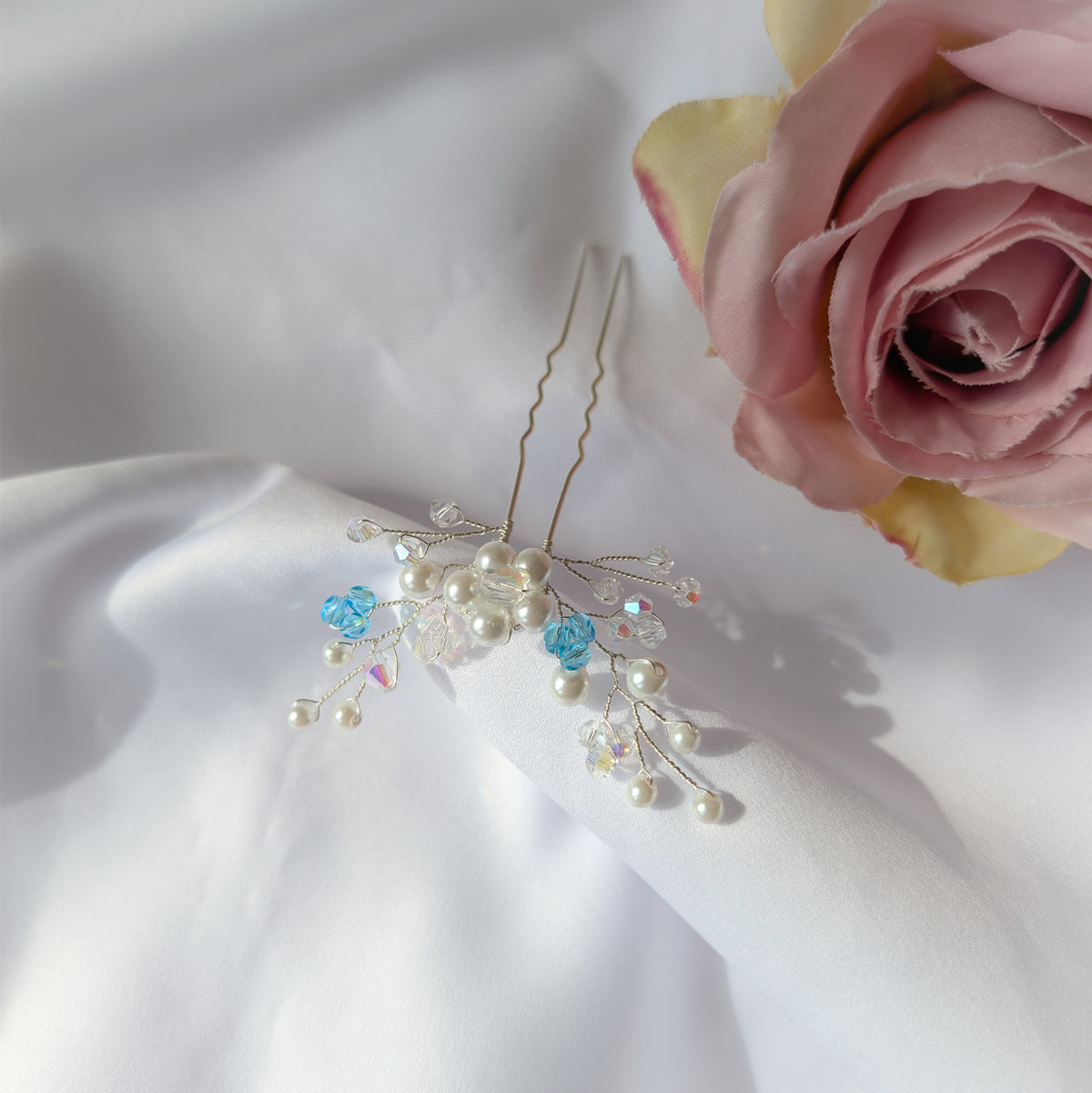 Pearl hair pin, Pearl & Crystal Bridal Accessory, Something blue gift