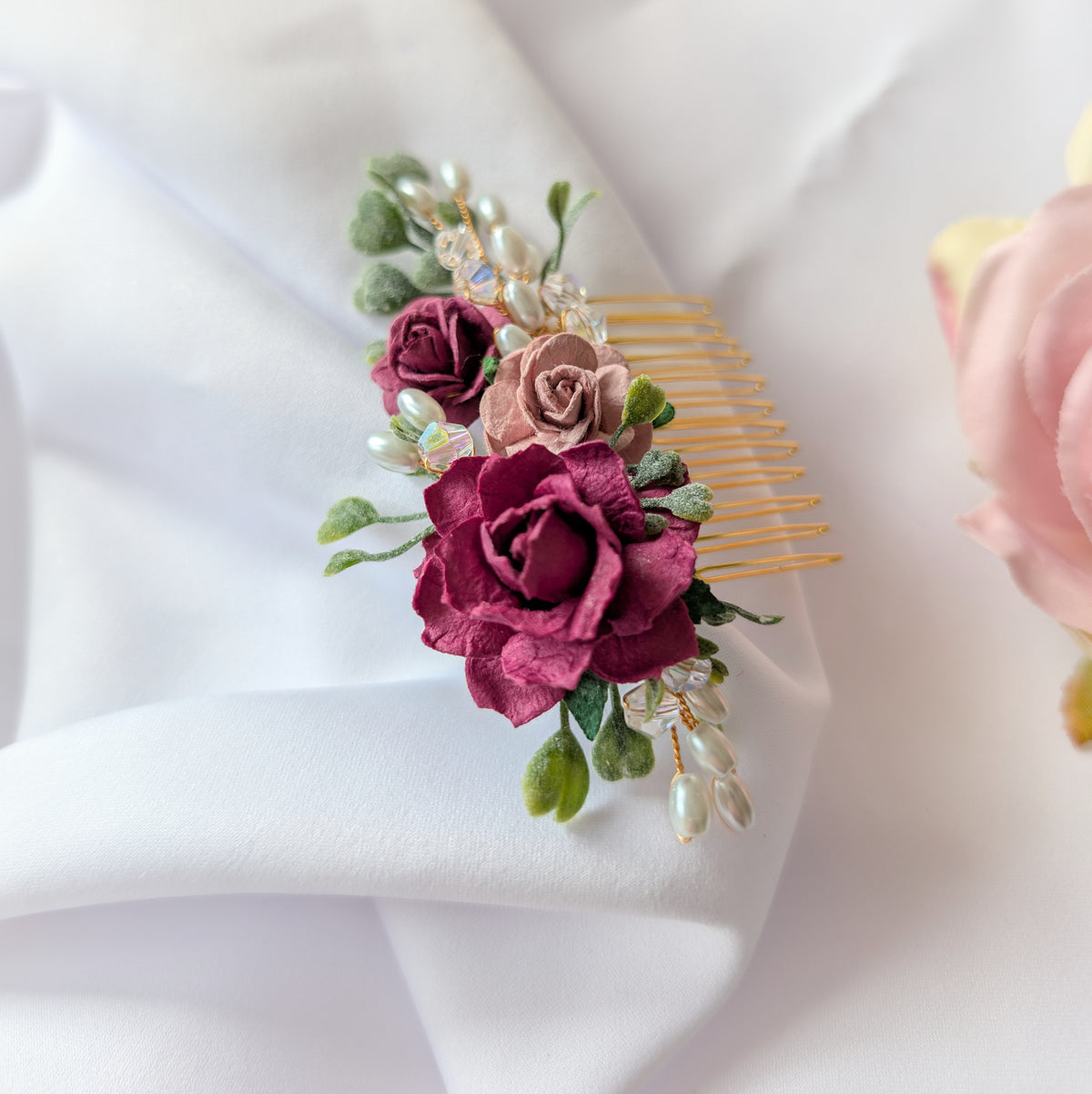 Burgundy, pink and gold hair comb, Bridal flower hair accessory, Bridesmaid hair piece