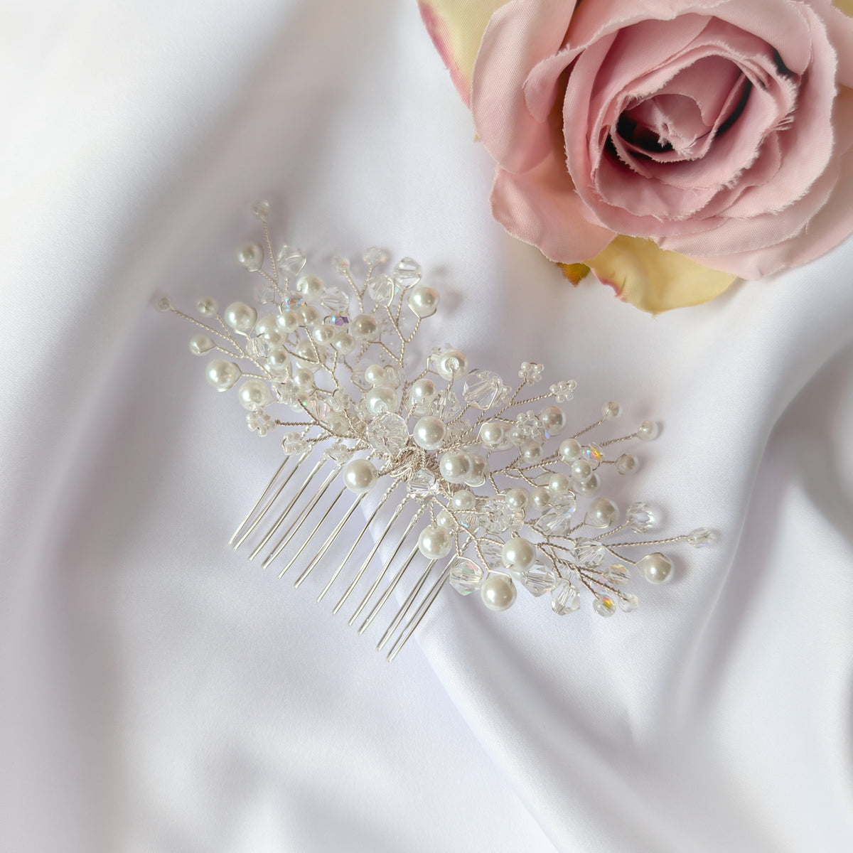 Wedding hair accessory, Handmade pearl and crystal bead hair comb, Bridal hair piece