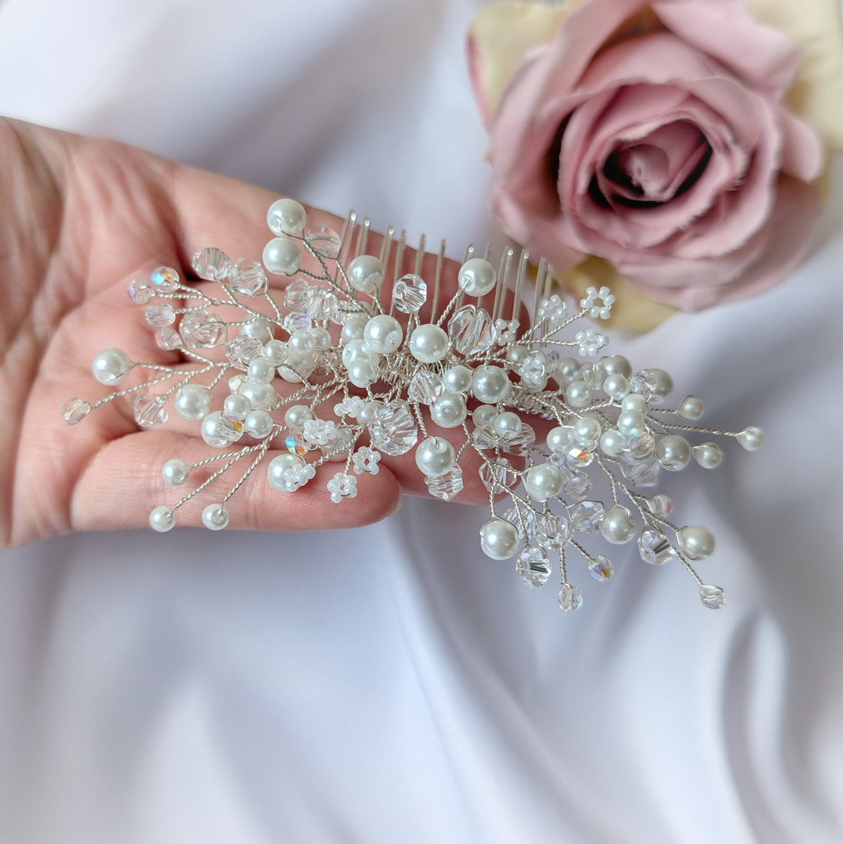 Wedding hair accessory, Handmade pearl and crystal bead hair comb, Bridal hair piece