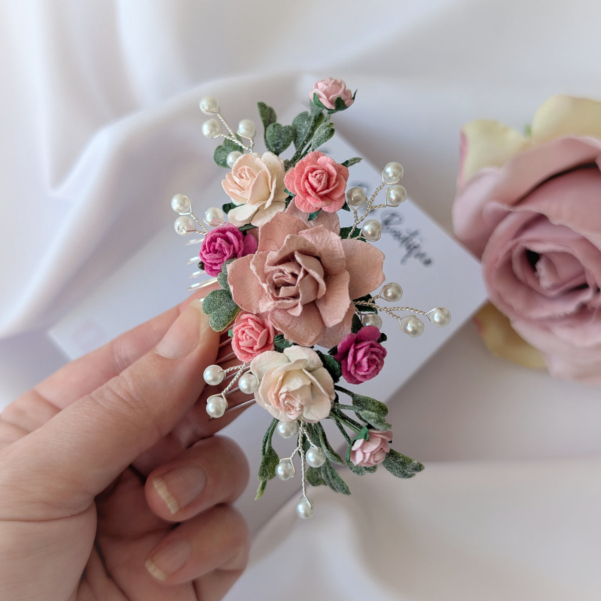 Pink flower hair comb, Pearl wedding Hair Accessories, Bridesmaid hair piece