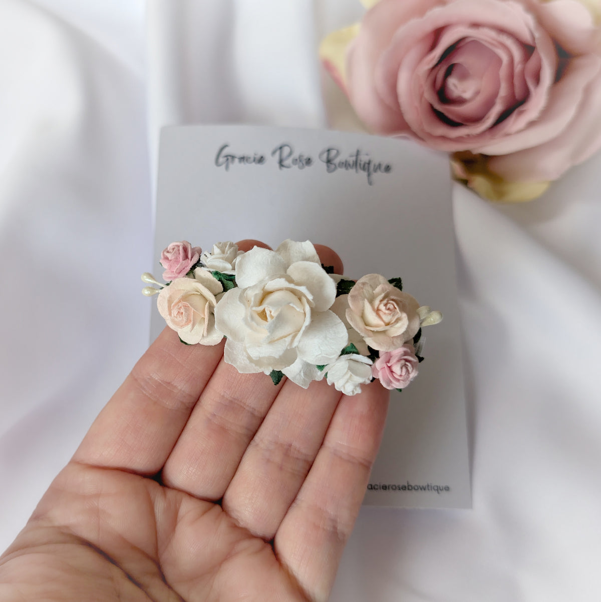 White and pink flower hair clip, Rose hair accessory, Flower girl hair piece