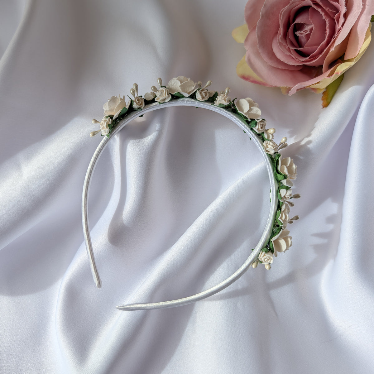 White flower headband, Flower girl hair accessories, Christening headband, Holy Communion hair piece