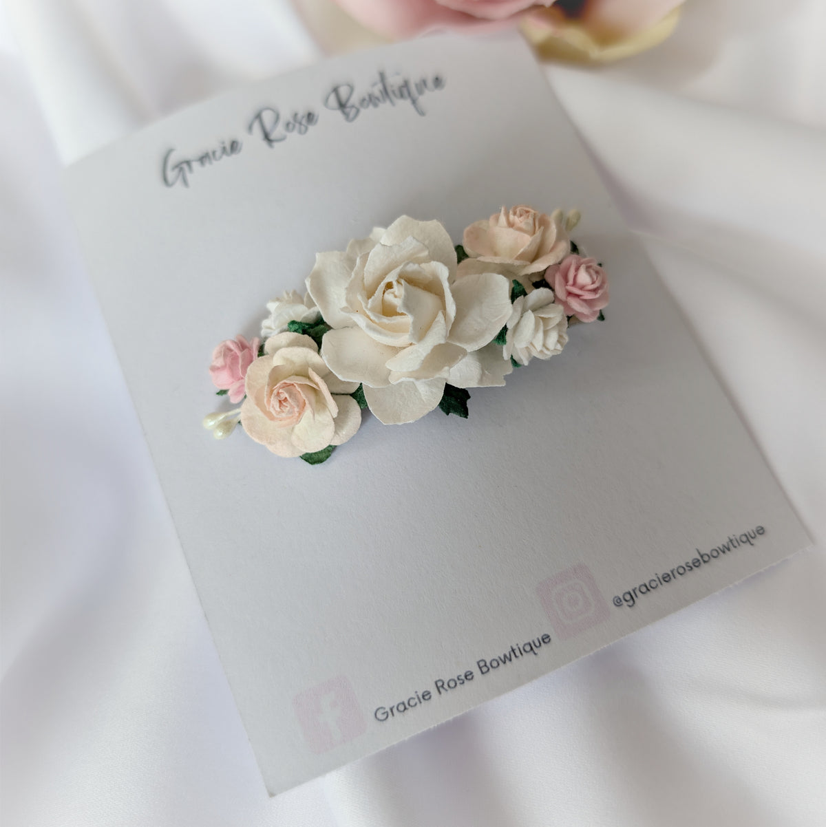 White and pink flower hair clip, Rose hair accessory, Flower girl hair piece